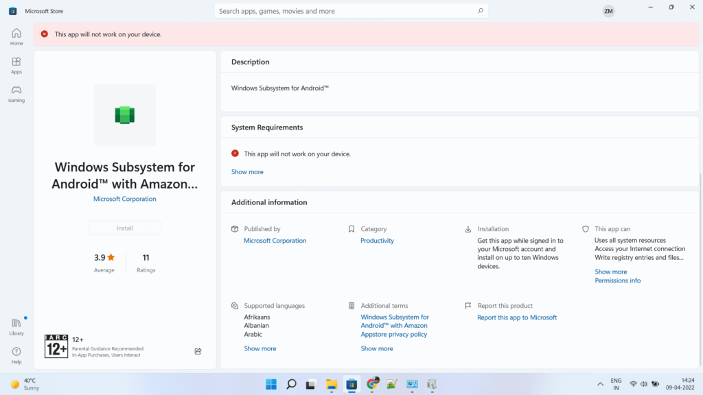 Install Windows Subsystem for Android in windows 11